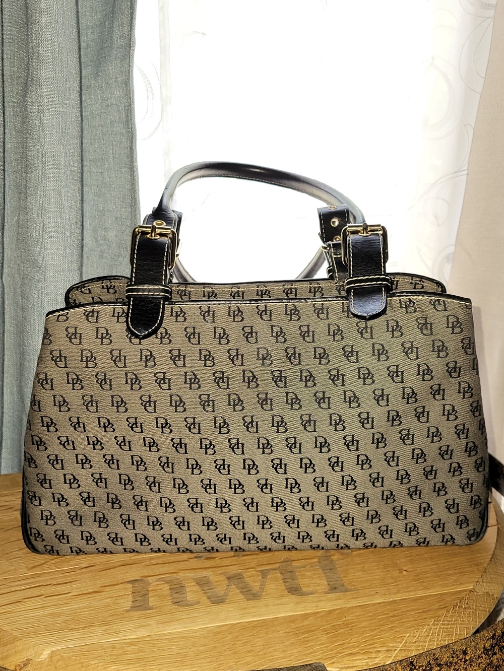 Vintage Dooney & Bourke Monogram Shoulder Bag with Black Trim